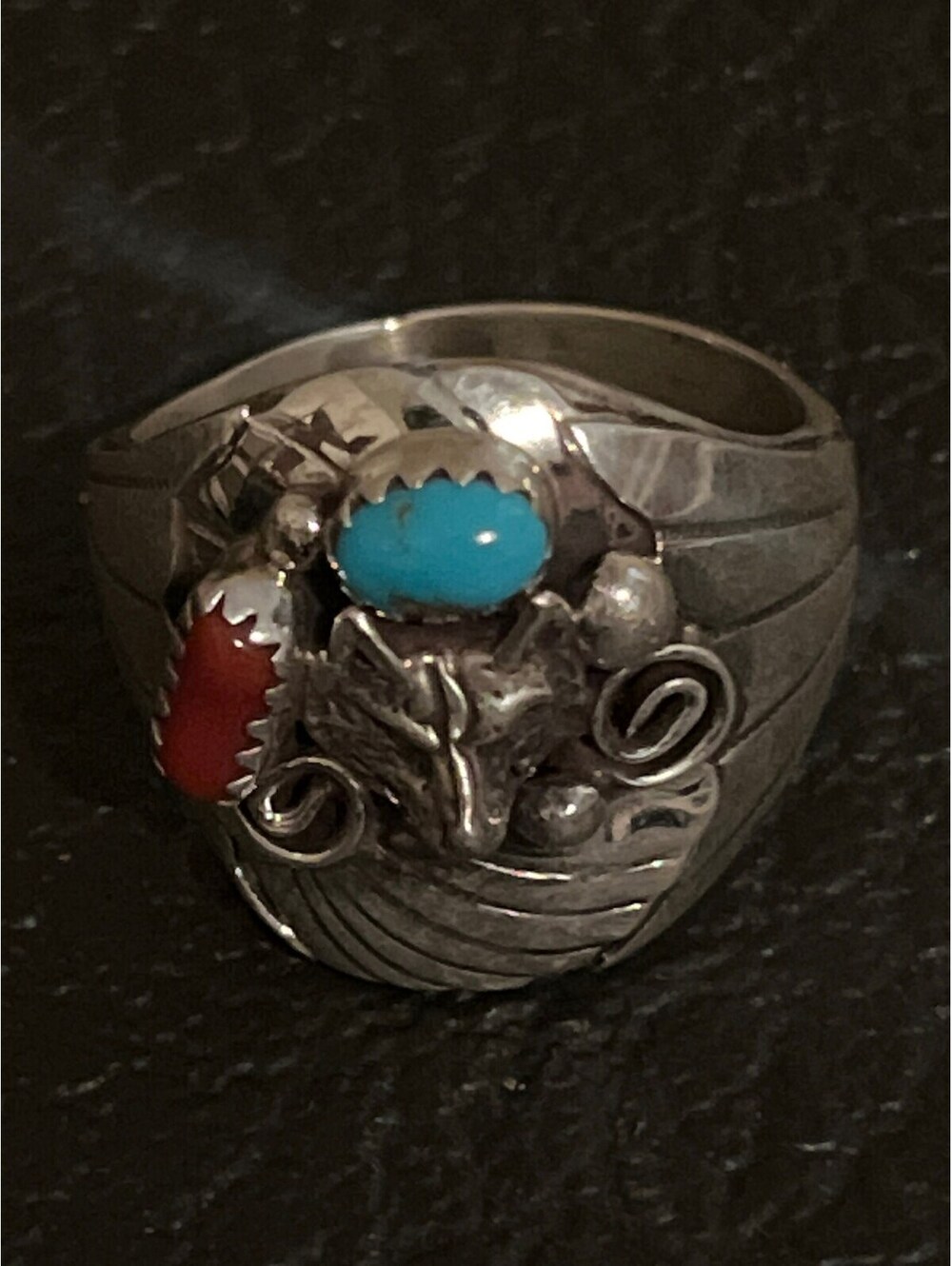Navajo handmade turquoise coral sterling silver inlay ring size 11 wolf